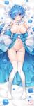  1girl areolae artist_name ayamy bangs blue_eyes blue_flower blue_hair blue_rose blunt_bangs blush breasts censored closed_mouth dakimakura_(medium) eyebrows_visible_through_hair flower frilled_sleeves frills full_body groin hair_ornament hand_on_own_chest hands_up heart heart_censor highres knees_together_feet_apart large_breasts looking_at_viewer lying navel no_bra no_shoes on_back panties panty_pull petals raised_eyebrows re:zero_kara_hajimeru_isekai_seikatsu rem_(re:zero) rose shiny shiny_hair short_hair smile solo thigh_gap thighhighs thighs underwear white_panties wide_sleeves x_hair_ornament 