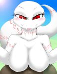  2018 absurd_res albino alternate_version_at_source anthro arm_markings bedroom_eyes big_breasts big_eyes big_tail biped blep blush breasts bust_portrait crusch_lulu day detailed_background digital_drawing_(artwork) digital_media_(artwork) eyelashes featureless_breasts female front_view hi_res huge_breasts light lizard long_tail looking_down markings milkteafox narrowed_eyes neck_markings non-mammal_breasts nude outside overlord_(series) pink_markings pink_tongue portrait pupils red_eyes reptile scalie seductive shaded slit_pupils smile soft_shading solo sun sunlight tail_markings thick_tail tongue tongue_out tribal tribal_markings white_body white_pupils 