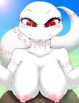  2018 absurd_res albino alternate_version_at_source anthro areola arm_markings big_breasts big_eyes big_tail biped blep blush breasts bust_portrait crusch_lulu day detailed_background digital_drawing_(artwork) digital_media_(artwork) eyelashes female front_view hi_res huge_breasts light lizard long_tail looking_down markings milkteafox neck_markings nipples non-mammal_breasts nude outside overlord_(series) pink_areola pink_markings pink_nipples pink_tongue portrait pupils red_eyes reptile scalie shaded slit_pupils smile soft_shading solo sun sunlight tail_markings thick_tail tongue tongue_out tribal tribal_markings white_body 