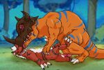 anthro bandai_namco bodily_fluids charcoal_inpachi claws cum cum_while_penetrated digimon digimon_(species) dinosaur duo ejaculation feral genital_fluids greymon growlmon hi_res horn hunched_over licking lying male male/male on_back penetration pinned reptile scalie size_difference tongue tongue_out 