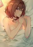  1girl absurdres areola_slip areolae bare_arms bare_shoulders bed_sheet blanket blush breasts brown_hair cellphone cleavage collarbone completely_nude eyebrows_visible_through_hair finger_to_mouth from_above hair_between_eyes hair_ornament hairclip highres higuchi_madoka idolmaster idolmaster_shiny_colors looking_at_viewer looking_up lying medium_breasts mole mole_under_eye nonbire nude on_back on_bed phone red_eyes sheet_grab short_hair smartphone solo sweat under_covers upper_body 