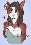  2021 anthro areola breasts brown_body brown_fur brown_hair canid canine canis clothed clothing digital_media_(artwork) domestic_dog ezcett female fur green_eyes hair hi_res looking_at_viewer mammal nipples 