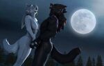  3d_(artwork) black_body black_fur black_sclera canid canine canis clothed clothing digital_media_(artwork) duo eyes_closed female full_moon fur hand_holding hi_res howl humanoid looking_at_another male mammal moon night outside partially_clothed petruz_(copyright) plant smile source_filmmaker tree white_body white_fur wolf wolf_(petruz) wolfikous 