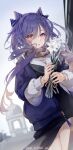  1girl absurdres alternate_costume artist_name bangs black_vest blue_jacket blush bouquet braid buttons chinese_commentary commentary_request dated flower genshin_impact hair_cones highres holding holding_bouquet jacket keqing_(genshin_impact) long_hair long_sleeves looking_at_viewer open_mouth purple_eyes purple_hair scarf single_braid solo standing sweater swkl:d thighs vest white_flower white_sweater 