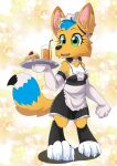  absurd_res anthro barefoot canid canine clothing feet female fennec food fox green_eyes hi_res holding_object kalima_the_fennec_(fan_character) maid_uniform mammal multicolored_body simple_background smile solo tablet the_dark_mangaka uniform 