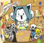  alphys animated_skeleton anthro bone bovid canid canine caprine clothed clothing felid feline gaster gaster_follower group hair mammal momo320 open_mouth reptile sans_(undertale) scalie skeleton studying tem temmie_(undertale) text topwear undead undertale undertale_(series) video_games white_body 