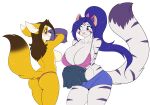  absurd_res anthro big_breasts blue_eyes blush breasts brown_hair canid canine claire_o&#039;conell clothing felid female female/female fennec fox hair hi_res mammal pantherine purple_hair skidd smile soya_akane tiger uberquest undressing webcomic 
