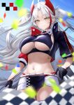  1girl absurdres antenna_hair azur_lane black_gloves black_jacket blush breasts checkered_flag closed_mouth clothing_cutout confetti cropped_jacket flag gloves headgear highres holding holding_flag jacket large_breasts long_hair looking_at_viewer miniskirt navel official_alternate_costume open_clothes open_jacket prinz_eugen_(final_lap)_(azur_lane) race_queen revealing_clothes sankyo_(821-scoville) short_sleeves silver_hair skirt smile solo sports_bra stomach thong two-tone_skirt two_side_up underboob underboob_cutout unzipped very_long_hair yellow_eyes zipper_pull_tab 