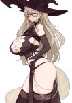  1girl animal_ears bangs bare_shoulders black_dress black_headwear black_legwear blonde_hair blush breasts brown_eyes cleavage cleavage_cutout clothing_cutout dress earrings evan_yang fox_ears fox_tail glasses hat highres jewelry large_breasts long_hair looking_at_viewer original smile solo tail thighhighs thighs witch_hat 