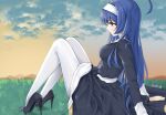  1girl black_dress black_footwear blue_hair chaesu cloud cloudy_sky dress grass hairband high_heels knees_up long_hair long_sleeves orie_(under_night_in-birth) pantyhose profile purple_eyes shadow sky solo under_night_in-birth white_hairband white_legwear 