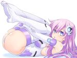  1girl armpits ass bare_shoulders blue_eyes blush boots breasts choujigen_game_neptune_mk2 elbow_gloves expressionless from_side full_body gloves hair_between_eyes headgear high_heel_boots high_heels hugging_own_legs iwashi_dorobou_-r- knees_to_chest legs legs_folded legs_up leotard long_hair looking_at_viewer looking_to_the_side lying medium_breasts neptune_(series) on_back open_mouth pink_hair power_symbol purple_sister simple_background skin_tight skindentation solo staring symbol-shaped_pupils thigh_boots thighhighs thighs very_long_hair white_gloves white_legwear white_leotard 