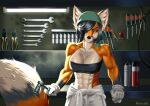  abs anthro behemoth89 breasts canid canine cleavage clothed clothing engineer female fox looking_at_viewer mammal paint pliers screwdriver solo solo_focus spray_paint tools 