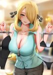  1girl bare_shoulders bikini black_bikini black_pants blonde_hair blue_shirt blurry blurry_background blush breasts cleavage collarbone cynthia_(pokemon) ginhaha grey_eyes hair_ornament hair_over_one_eye hands_up highres holding holding_clothes holding_clothes_hanger large_breasts long_hair looking_at_viewer mixed-language_commentary one-piece_swimsuit open_mouth pants pokemon pokemon_(game) pokemon_dppt shirt smile solo swimsuit very_long_hair 