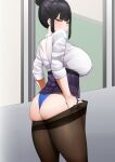  1girl ass bangs black_hair black_legwear blue_panties blush breasts closed_mouth clothes_lift clothes_pull commentary english_commentary eyebrows_visible_through_hair from_behind hair_bun high-waist_skirt highres huge_breasts indoors looking_at_viewer looking_back microskirt mivioppai original panties pantyhose pantyhose_pull pleated_skirt pulled_by_self purple_skirt school_uniform sidelocks skirt skirt_lift solo standing thighband_pantyhose underwear yellow_eyes 