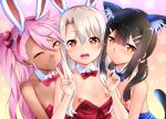  3girls animal_ears bangs black_hair blue_leotard blush bow bowtie breasts brown_eyes cat_ears cat_tail chloe_von_einzbern collarbone dark-skinned_female dark_skin detached_collar fake_animal_ears fate/kaleid_liner_prisma_illya fate_(series) hair_between_eyes hair_bobbles hair_ornament hairclip illyasviel_von_einzbern leotard long_hair looking_at_viewer low_twintails miyu_edelfelt multiple_girls nipples okina_ika one_eye_closed open_mouth orange_eyes pink_hair pink_leotard playboy_bunny puckered_lips rabbit_ears red_eyes red_leotard side_ponytail sidelocks small_breasts smile tail twintails v white_hair 