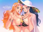  2girls bikini black_hair breast_press breasts cape character_name eyewear_on_head hand_up hat huge_breasts jewelry long_hair looking_at_viewer multiple_girls nami_(one_piece) nico_robin ok_sign one_piece open_mouth orange_hair shiny shiny_skin stomach sunglasses swimsuit symmetrical_docking tongue tongue_out upper_body very_long_hair youkan_(tako) 