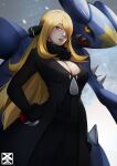  1girl absurdres alternate_breast_size black_coat black_collar blonde_hair breasts cleavage coat collar commentary_request cynthia_(pokemon) eyelashes fur-trimmed_coat fur_collar fur_trim garchomp grey_eyes hair_ornament hair_over_one_eye hand_on_hip highres holding holding_poke_ball long_hair long_sleeves parted_lips poke_ball poke_ball_(basic) pokemon pokemon_(creature) pokemon_(game) pokemon_dppt xuuikie_ashe 