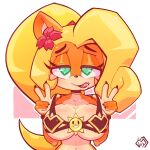  &lt;3 &lt;3_eyes 2021 5_fingers accessory activision anthro blonde_hair breasts claws cleavage clothed clothing coco_bandicoot crash_bandicoot_(series) female fingers flower flower_in_hair green_eyes hair hair_accessory half-closed_eyes hi_res long_hair looking_at_viewer mammal marsupial narrowed_eyes plant pose tongue tongue_out video_games vixycore 