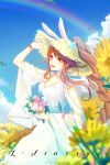  1girl animal_ears blue_sky braid braided_ponytail brown_hair cloud douluo_dalu dress flower hat highres l_starry rabbit_ears rainbow sky smile straw_hat sundress weibo_id weibo_logo white_dress xiao_wu_(douluo_dalu) 