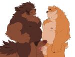  2021 anthro belly black_nose blush brown_body brown_fur canid canine canis domestic_dog duo erection eyes_closed fur genitals hi_res humanoid_genitalia humanoid_hands humanoid_penis kemono male male/male mammal moobs nipples overweight overweight_male penis simple_background takemoto_arashi white_background 