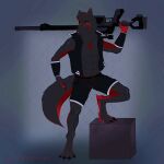  2021 abs absurd_res anthro biceps black_sclera bottomwear canid canine canis claws clothed clothing digital_media_(artwork) ears_up feet fingers fur gradient_fur green_eyes grey_body gun hallowedgears hi_res holding_gun holding_object holding_weapon leg_markings looking_at_viewer male mammal markings multicolored_body muscular muscular_anthro muscular_male open_clothing open_topwear pawpads paws pecs raised_leg ranged_weapon red_markings rifle shorts signature simple_background sketch smile sniper_rifle solo standing teeth teeth_showing toes topwear vest weapon wolf 