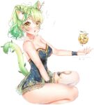  1girl animal_ear_fluff animal_ears antlers apple armpit_peek bangs bare_arms bare_legs bare_shoulders blue_dress blush braid branch breasts cat_ears cat_tail ceres_fauna cleavage collarbone commentary dress english_commentary extra_ears eyebrows_visible_through_hair flower food frilled_dress frills fruit golden_apple green_hair hair_flower hair_ornament highres hololive hololive_english horns large_breasts leaf looking_at_viewer looking_to_the_side medium_hair open_mouth ponytail puppypaww revision single_thighhigh sitting solo strapless strapless_dress tail tail_raised thighhighs virtual_youtuber wavy_hair white_background white_flower white_legwear yellow_eyes zettai_ryouiki 