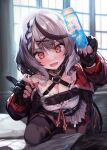  1girl akieda bangs bare_shoulders black_hair blush breasts cleavage hololive large_breasts looking_at_viewer multicolored_hair open_mouth red_eyes sakamata_chloe silver_hair smile solo streaked_hair virtual_youtuber 