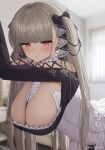  absurdres arms_up artist_name azur_lane bangs bedroom bent_over blunt_bangs blurry blurry_background blush breasts cleavage closed_mouth eyebrows_visible_through_hair formidable_(azur_lane) gothic_lolita grey_hair hair_ribbon highres kohanayuki large_breasts lolita_fashion long_hair long_sleeves looking_at_viewer red_eyes ribbon solo twintails upper_body very_long_hair 