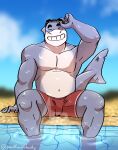  2021 absurd_res anotherbluhusky anthro black_eyebrows clothed clothing digital_drawing_(artwork) digital_media_(artwork) dreamworks eyebrows fin fish grey_body grin hi_res legwear male marine mr._shark_(the_bad_guys) outside pool_(disambiguation) red_clothing red_legwear shark signature sitting sky smile solo swimming_goggles swimming_trunks swimwear tail_fin the_bad_guys topless water watermark white_body 