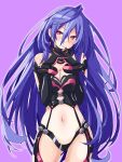  1girl black_gloves black_leotard blue_hair blush breasts center_opening cleavage cleavage_cutout clothing_cutout earrings elbow_gloves gloves hair_between_eyes hands_up happy head_tilt highres interlocked_fingers iris_heart iwashi_dorobou_-r- jewelry kami_jigen_game_neptune_v large_breasts leotard long_hair looking_at_viewer midriff navel neptune_(series) own_hands_together pink_eyes power_symbol purple_hair revealing_clothes smile solo symbol-shaped_pupils very_long_hair 