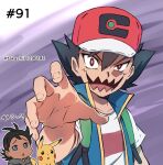  2boys :d :o ash_ketchum baseball_cap black_hair blue_eyes blue_jacket bright_pupils brown_eyes collarbone commentary_request dark-skinned_male dark_skin goh_(pokemon) grey_shirt half-closed_eye hand_up hat jacket male_focus medium_hair multiple_boys open_mouth outline pikachu pokemon pokemon_(anime) pokemon_(creature) pokemon_swsh_(anime) possessed red_headwear shinohara_takashi shirt short_sleeves sleeveless sleeveless_jacket smile spiked_hair t-shirt tongue twitter_username white_shirt 