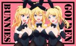  3girls :d ;d ahoge animal_ears arm_around_waist background_text bangs bare_shoulders black_border black_bow black_bowtie black_gloves black_leotard blue_eyes blush border bow bowtie breasts brown_legwear ccg842000 cleavage commentary_request covered_navel cowboy_shot detached_collar elbow_gloves english_text eyebrows_visible_through_hair fake_animal_ears fake_tail gloves green_eyes hachimiya_meguru hand_up highres hoshii_miki idolmaster idolmaster_(classic) idolmaster_cinderella_girls idolmaster_shiny_colors large_breasts leotard looking_at_viewer multiple_girls ohtsuki_yui one_eye_closed open_mouth outside_border pantyhose parted_bangs pink_background playboy_bunny ponytail rabbit_ears rabbit_tail sidelocks smile strapless strapless_leotard tail teeth trait_connection upper_teeth v waving 