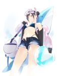  1girl ama_mitsuki armpits bag ball bare_shoulders beachball bikini black_hair blue_bikini blush breasts closed_mouth denim denim_shorts feet_out_of_frame goggles goggles_on_head highres inflatable_shark inflatable_toy jacket long_sleeves looking_away looking_to_the_side multicolored_hair navel octopus off_shoulder open_clothes open_fly open_jacket open_shorts original purple_eyes red_hair short_hair short_shorts shorts shoulder_bag simple_background small_breasts snorkel solo standing stomach swimsuit torn_clothes torn_shorts two-tone_hair white_background white_jacket 