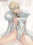  1girl artoria_pendragon_(fate) artoria_pendragon_(lancer)_(fate) bamuth blonde_hair blue_eyes braid breasts cape cleavage cleavage_cutout clothing_cutout crown detached_sleeves fate/grand_order fate_(series) french_braid fur_collar hair_between_eyes highleg highleg_leotard highres large_breasts leotard long_hair looking_at_viewer sidelocks solo thighs white_cape white_leotard 