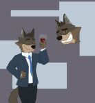  2021 abstract_background alcohol anthro beverage black_bottomwear black_clothing black_nose black_pants blue_clothing blue_necktie blue_topwear bottomwear brown_body brown_fur canid canine canis cascaratu cheek_tuft claws clothing container cup digital_drawing_(artwork) digital_media_(artwork) dreamworks drinking_glass facial_tuft fur glass glass_container glass_cup grin half-closed_eyes head_tuft headshot_portrait inner_ear_fluff male mammal mr._wolf_(the_bad_guys) narrowed_eyes necktie pants portrait raised_arm shirt smile smug solo standing tan_body tan_fur the_bad_guys topwear tuft white_clothing white_shirt white_topwear wine wine_glass wolf 