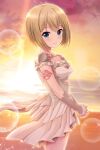  1girl absurdres alternative_girls armor blonde_hair blue_eyes bow closed_mouth dress eyebrows_visible_through_hair highres looking_at_viewer ocean official_art own_hands_together palms_together pauldrons short_hair shoulder_armor smile solo sunlight sunset sylvia_richter white_bow white_dress 