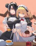  2girls absurdres agent_(girls&#039;_frontline) anger_vein black_hair blonde_hair blue_eyes breast_press breasts brown_eyes cup double_bun g36_(girls&#039;_frontline) girls&#039;_frontline hair_between_eyes hebai_xiaochuan highres jewelry large_breasts looking_at_another maid maid_headdress multiple_girls navel ring saucer stomach tea teacup teapot 