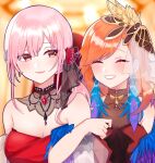  2girls absurdres bangs bare_shoulders blush closed_eyes couple dress earrings feather_earrings feathers flower gradient_hair highres hololive hololive_english jewelry lips locked_arms long_hair mori_calliope multicolored_hair multiple_girls official_alternate_costume orange_hair pink_hair red_dress red_eyes rose side-by-side sleeveless sleeveless_dress smile takanashi_kiara tera_(trs82341711) virtual_youtuber yuri 