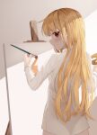  1girl absurdres art_brush bangs blonde_hair blush canvas_(object) closed_mouth collared_shirt commentary_request easel eyebrows_visible_through_hair from_behind highres hojun7071 long_hair long_sleeves looking_at_viewer looking_back paintbrush painting palette_(object) red_eyes sakura-sou_no_pet_na_kanojo shadow shiina_mashiro shirt smile solo standing white_shirt 