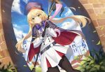  1girl absurdres artoria_pendragon_(caster)_(fate) artoria_pendragon_(fate) bangs belt black_gloves black_legwear blonde_hair blue_belt blue_bow blue_cape blue_headwear blue_sky blush bow bowtie buttons cape castle cloud commentary_request day dress eyebrows_visible_through_hair fate/grand_order fate_(series) floating_hair gloves gold_trim green_eyes grin hair_between_eyes hat highres holding holding_staff holding_weapon kyo_(maae00) leaf long_hair long_sleeves looking_at_viewer outdoors pantyhose plant red_cape sky smile solo staff teeth twintails two-tone_cape very_long_hair weapon white_dress 