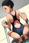 1girl absurdres ass backless_swimsuit bare_arms bare_legs bare_shoulders barefoot black_hair black_headwear black_swimsuit blush brown_eyes closed_mouth dutch_angle highres looking_at_viewer looking_back matsunaga_kouyou nose_blush one-piece_swimsuit original pool_ladder profile soles solo spread_legs squatting swim_cap swimsuit wet 