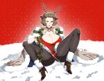  1girl alternate_costume animal_costume animal_ears antlers ass beckoning breasts brown_eyes brown_hair cape choker christmas christmas_ornaments cleavage deer_ears eyeshadow fake_animal_ears fake_antlers fire_emblem fire_emblem:_three_houses fire_emblem_heroes fishnet_legwear fishnets fur_trim gloves hair_slicked_back highres huge_breasts lipstick looking_at_viewer makeup manuela_casagranda mole mole_under_eye naughty_face official_alternate_costume open_mouth orange_eyeshadow orange_lips presenting r3dfive reindeer_antlers reindeer_costume seductive_smile short_hair smile solo spread_legs 