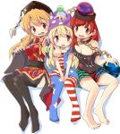  3girls absurdres american_flag_dress american_flag_legwear barefoot black_headwear black_legwear black_shirt blonde_hair blush breasts chain chinese_clothes clownpiece dress earth_(ornament) hat hecatia_lapislazuli highres jester_cap junko_(touhou) large_breasts long_hair mukuroi multiple_girls off-shoulder_shirt off_shoulder open_mouth pantyhose phoenix_crown pink_eyes pleated_skirt polka_dot polos_crown purple_headwear red_dress red_eyes red_hair shirt short_hair simple_background skirt star_(symbol) star_print striped striped_dress striped_legwear t-shirt thighhighs touhou vertical-striped_dress vertical-striped_legwear vertical_stripes white_background 