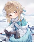  1girl :d absurdres ahoge bangs black_gloves blonde_hair blue_capelet blue_dress blue_ribbon blurry blush brown_hair capelet chinese_clothes cupping_hands dress floral_print flower fur-trimmed_capelet fur-trimmed_sleeves fur_trim genshin_impact gloves guzangnanfeng hair_flower hair_ornament hanfu head_tilt highres holding long_sleeves looking_at_viewer lumine_(genshin_impact) on_ground ribbon rock sidelocks smile snow snow_on_head solo squatting tassel white_flower winter winter_clothes yellow_eyes 