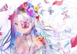  1girl artist_name blue_butterfly blue_flower blue_hair blurry blush breasts bug butterfly cleavage collarbone depth_of_field earrings english_commentary flower flower_over_eye gem grey_hair hair_behind_ear hair_flower hair_ornament hair_ribbon highres jewelry kayjae linked_piercing lock long_hair looking_at_viewer mixed-language_commentary multicolored_hair nude one_eye_covered original padlock padlocked_collar petals piercing pink_butterfly pink_flower pink_hair purple_flower purple_hair red_flower red_ribbon ribbon silver_hair solo straight_hair upper_body water white_background white_hair yellow_flower 