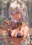  1girl animal_ears ankh arm_up armlet bare_shoulders bikini black_bikini blurry bracelet breasts cleavage collar dark-skinned_female dark_skin depth_of_field egyptian_clothes fake_animal_ears flower hair_between_eyes headdress jewelry lizard looking_at_viewer medium_breasts omelet_tomato original parted_lips plant red_flower revealing_clothes revision ring short_hair solo swimsuit upper_body veil wet white_hair yellow_eyes 