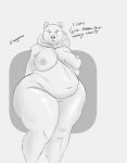  anthro belly big_belly big_breasts big_butt big_nipples bottomless breasts butt clothed clothing curvy_figure dialogue female genitals hands_behind_back hi_res huge_breasts huge_butt looking_at_viewer mammal mature_female neck_tuft nipples nude overweight overweight_female pussy quietlurker solo talking_to_viewer thick_thighs topless tuft ursid wide_hips 