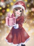  1girl :d bangs black_legwear blurry blurry_background blush box brown_hair christmas dress floating_hair fur-trimmed_dress fur-trimmed_headwear fur_trim gift gift_box gloves green_eyes hat highres holding holding_box kizuna_ai kizuna_ai_inc. lens_flare long_hair looking_at_viewer medium_dress red_dress red_headwear rin.rin santa_costume santa_hat smile snowflakes solo virtual_youtuber white_gloves 