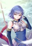  1girl armor black_gloves blue_dress blue_eyes blue_hair breastplate catria_(fire_emblem) closed_mouth dress elbow_gloves eyelashes fingerless_gloves fire_emblem fire_emblem:_mystery_of_the_emblem floating_hair gloves headband highres holding holding_polearm holding_weapon looking_to_the_side medium_hair mjjn8232 polearm sheath sheathed shiny shiny_hair sleeveless sleeveless_dress smile solo standing sword weapon white_feathers 