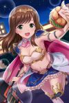  1girl alternative_girls armlet armor bikini_armor blue_skirt breasts brown_hair cape cleavage eyebrows_visible_through_hair food hair_ornament highres hirose_koharu holding holding_food holding_weapon jewelry long_hair looking_at_viewer night night_sky official_art outdoors pink_cape skirt sky solo tree weapon 